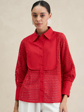 Red Schiffli Button Down Shirt