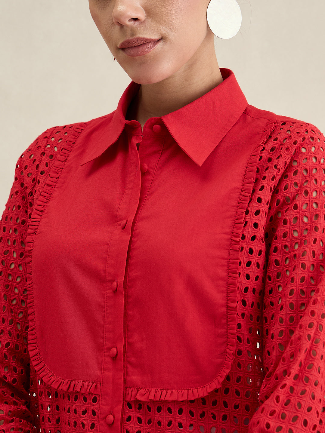 Red Schiffli Button Down Shirt