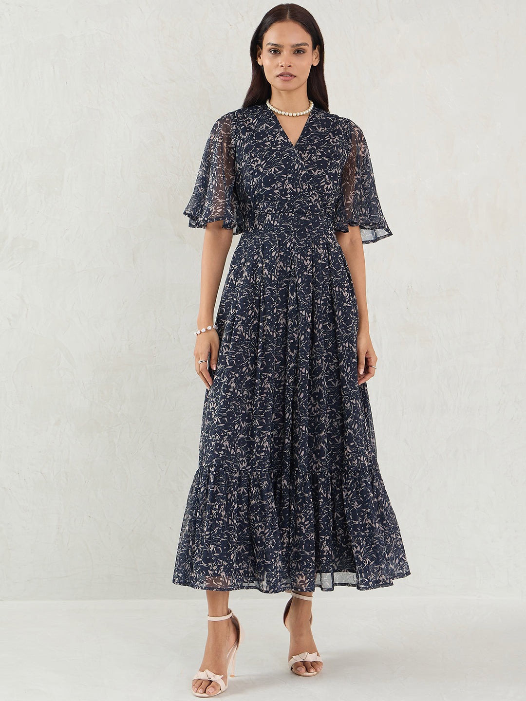 Navy Floral Print Wrap Maxi Dress