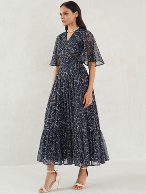 Navy Floral Print Wrap Maxi Dress