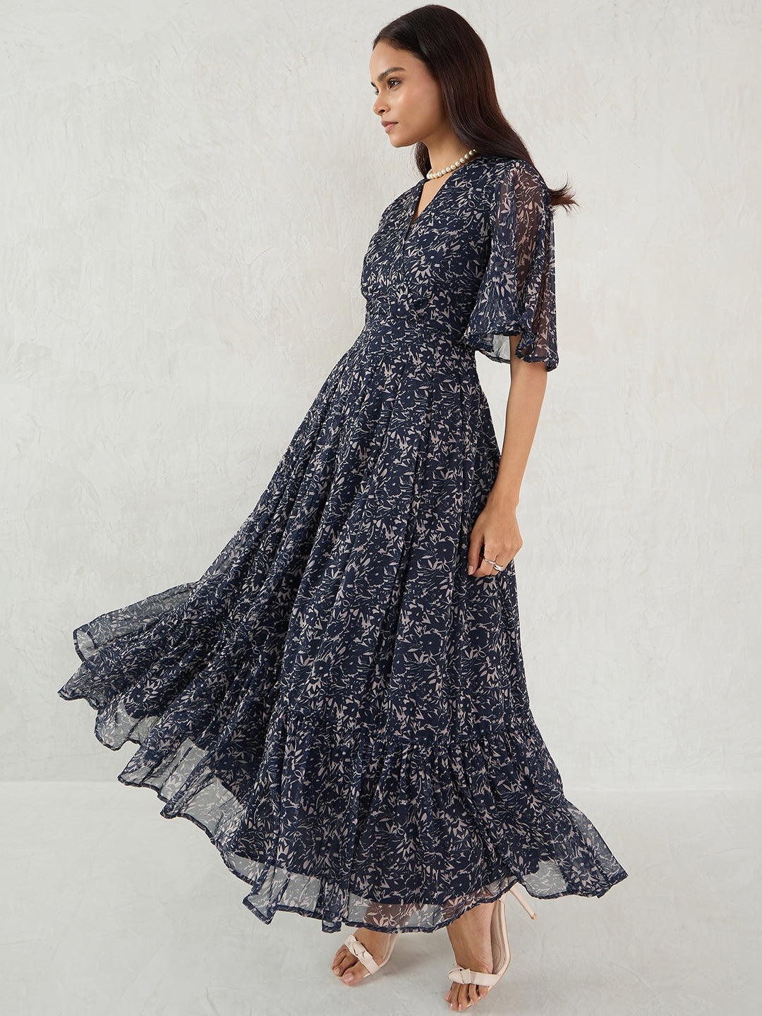 Navy Floral Print Wrap Maxi Dress