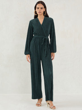 Green Plisse Wrap Jumpsuit