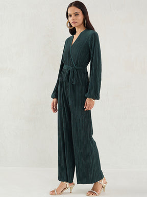 Green Plisse Wrap Jumpsuit