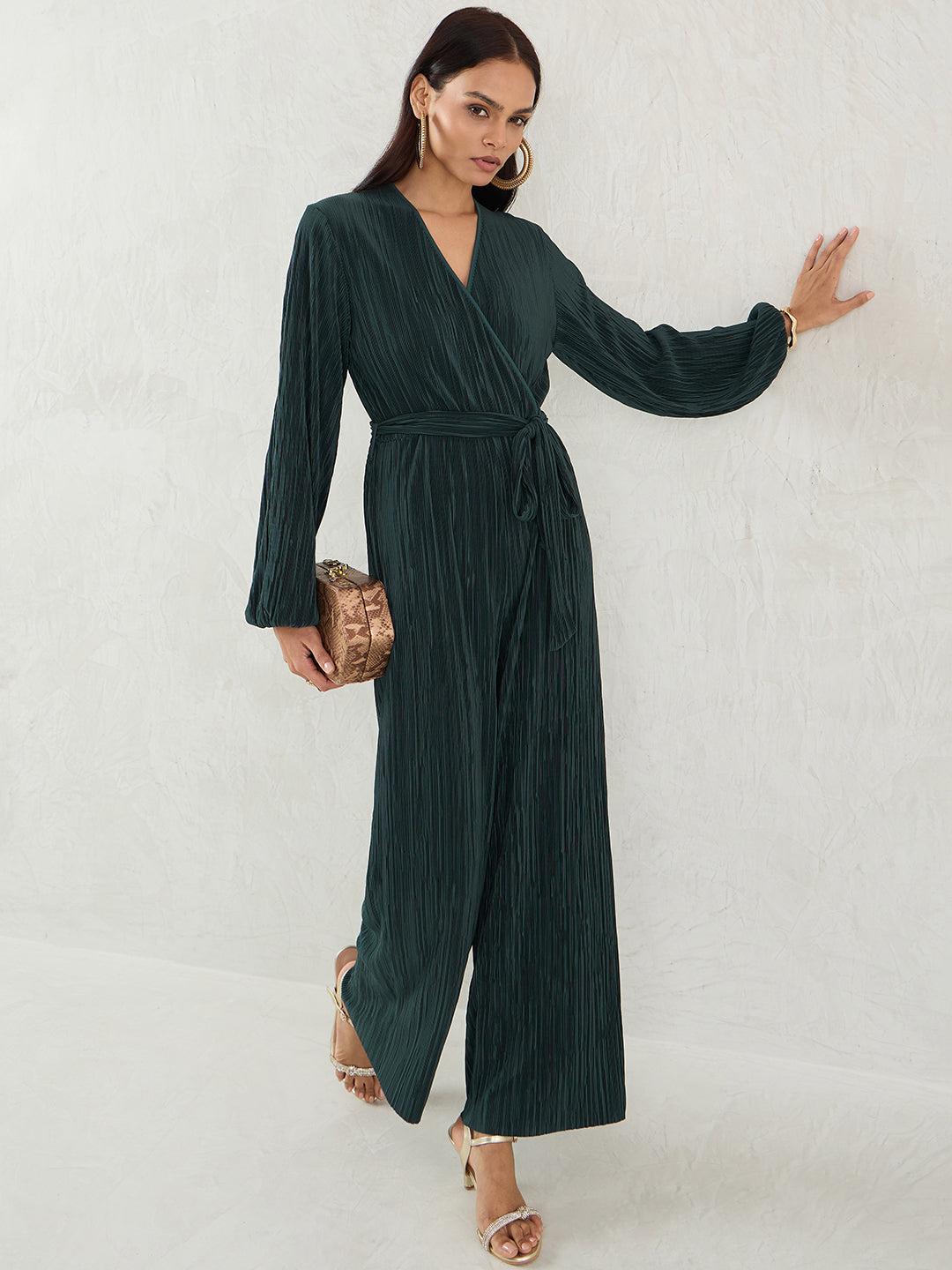 Green Plisse Wrap Jumpsuit