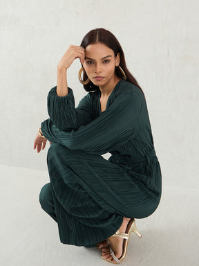 Green Plisse Wrap Jumpsuit