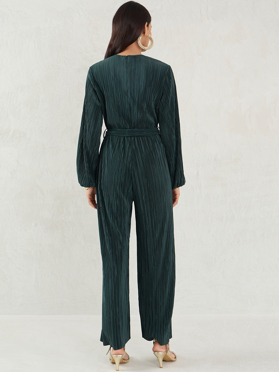 Green Plisse Wrap Jumpsuit