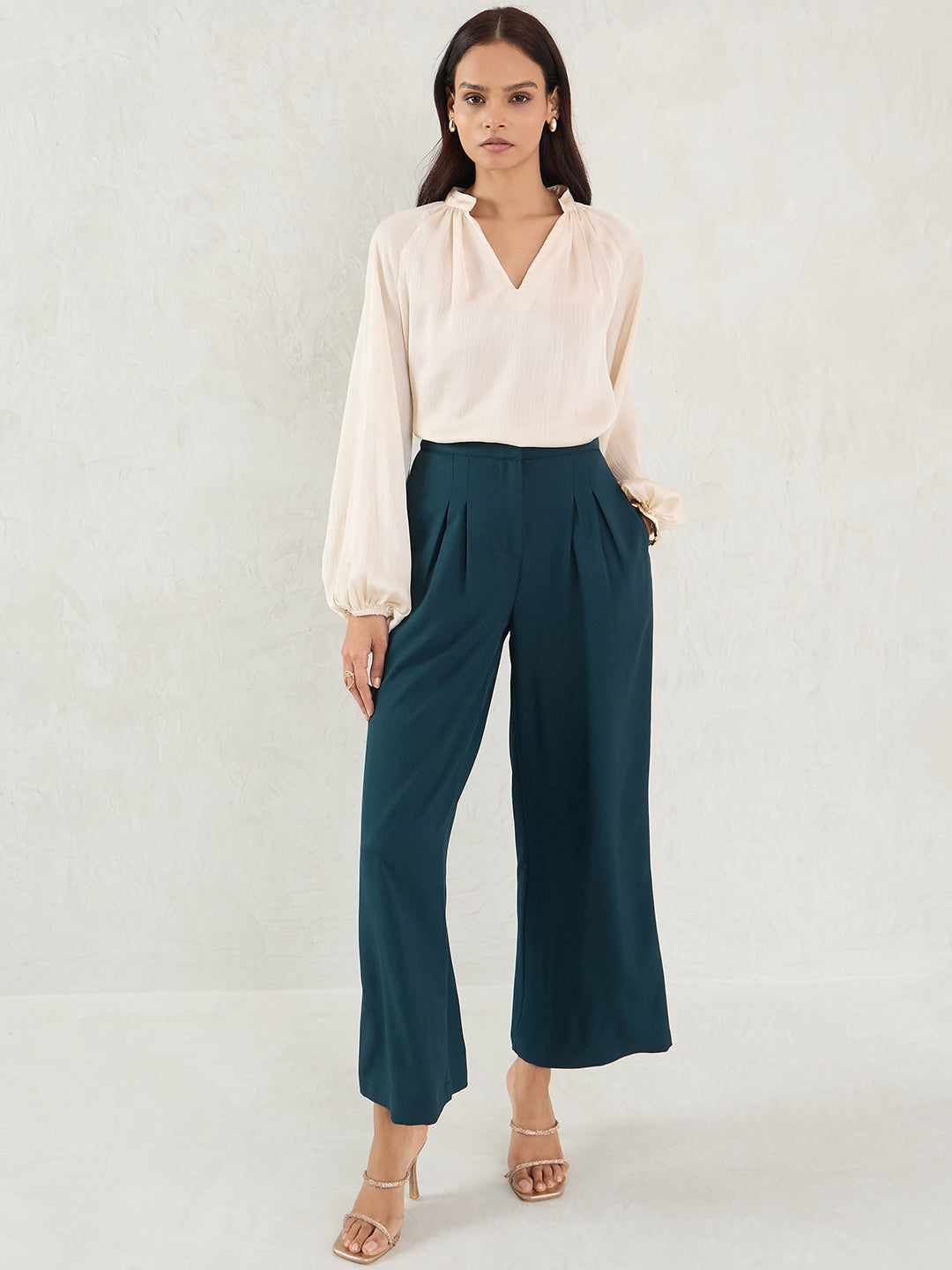 Green Pleat Detail Straight Pants