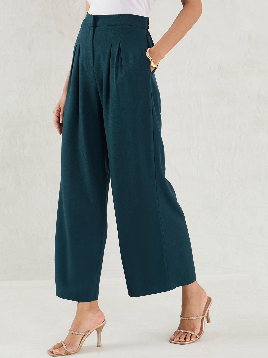 Green Pleat Detail Straight Pants