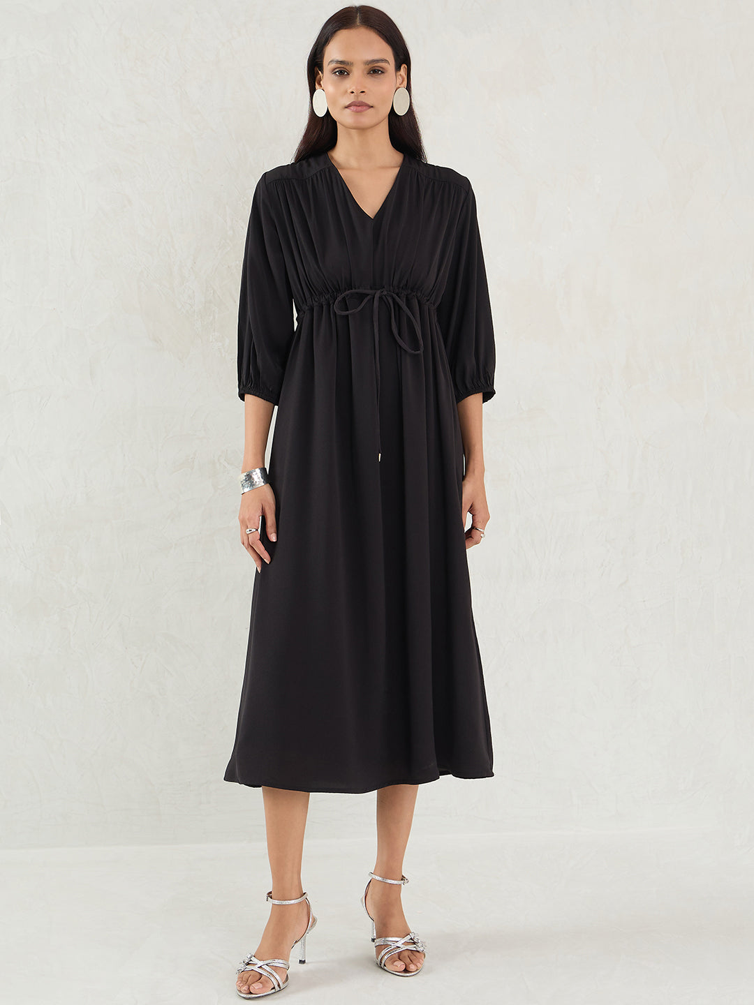 Black Satin Ruched Waist Midi Dress