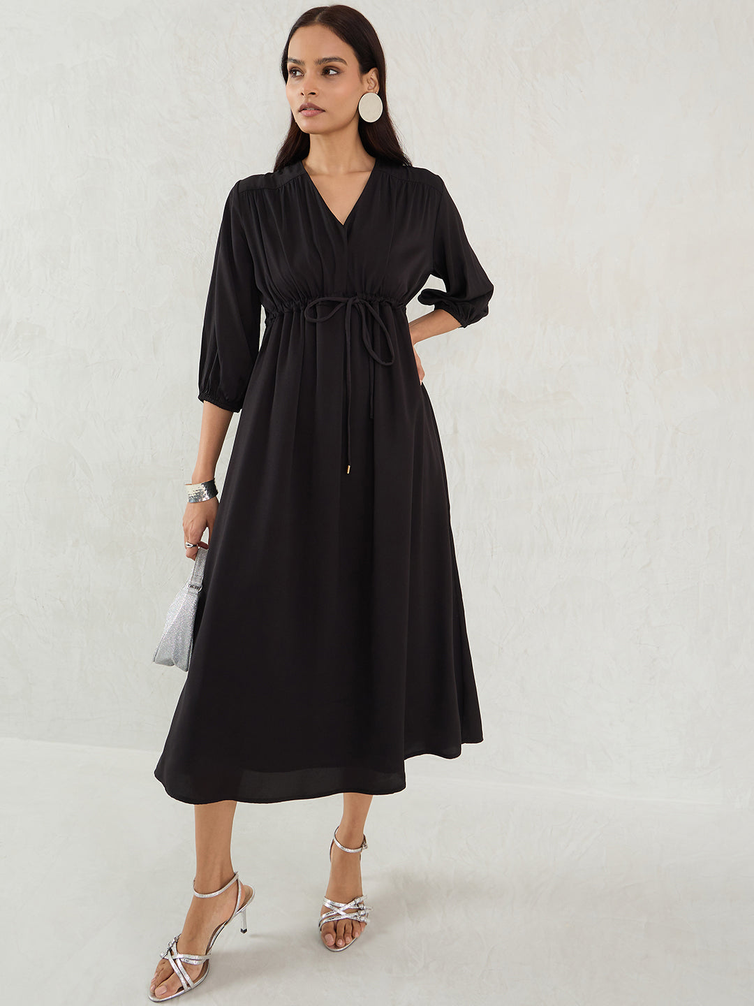 Black Satin Ruched Waist Midi Dress