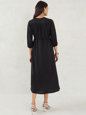 Black Satin Ruched Waist Midi Dress