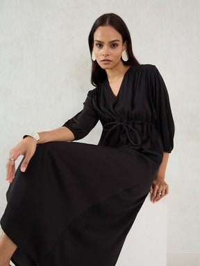 Black Satin Ruched Waist Midi Dress