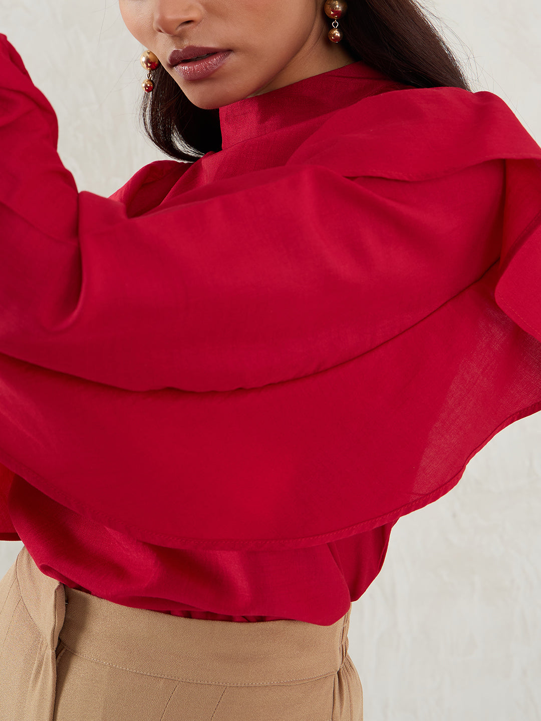 Red Ruffle Sleeve Detailing Top