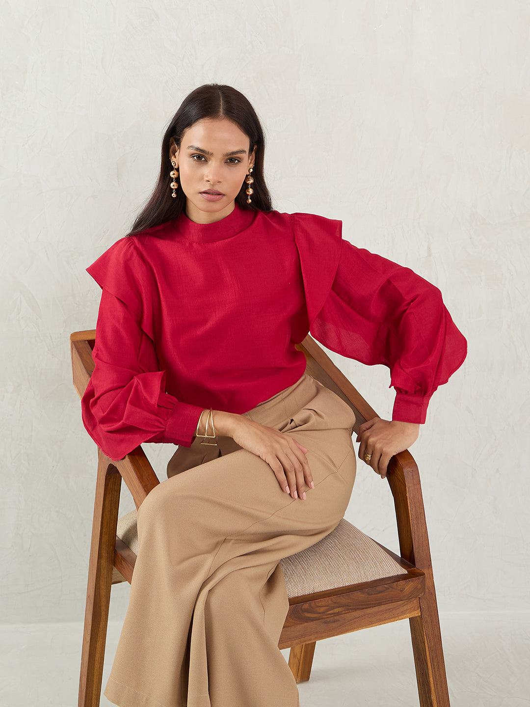 Red Ruffle Sleeve Detailing Top