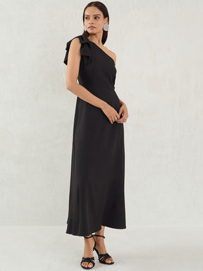 Black One Shoulder Bow Detail Maxi Dress