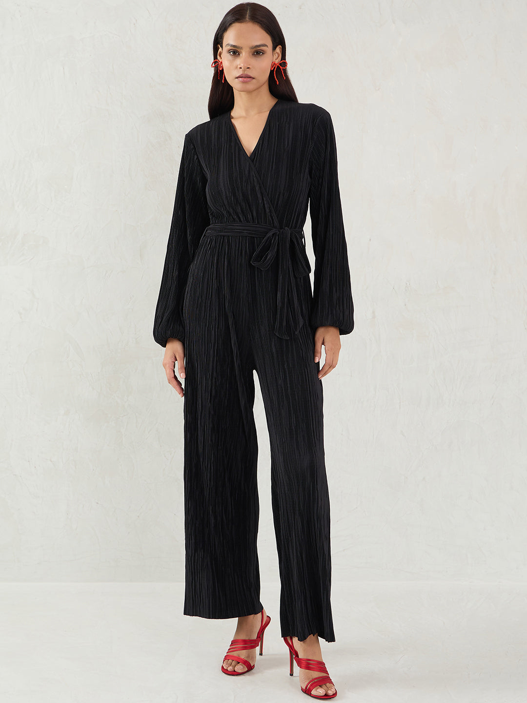 Black Plisse Wrap Jumpsuit