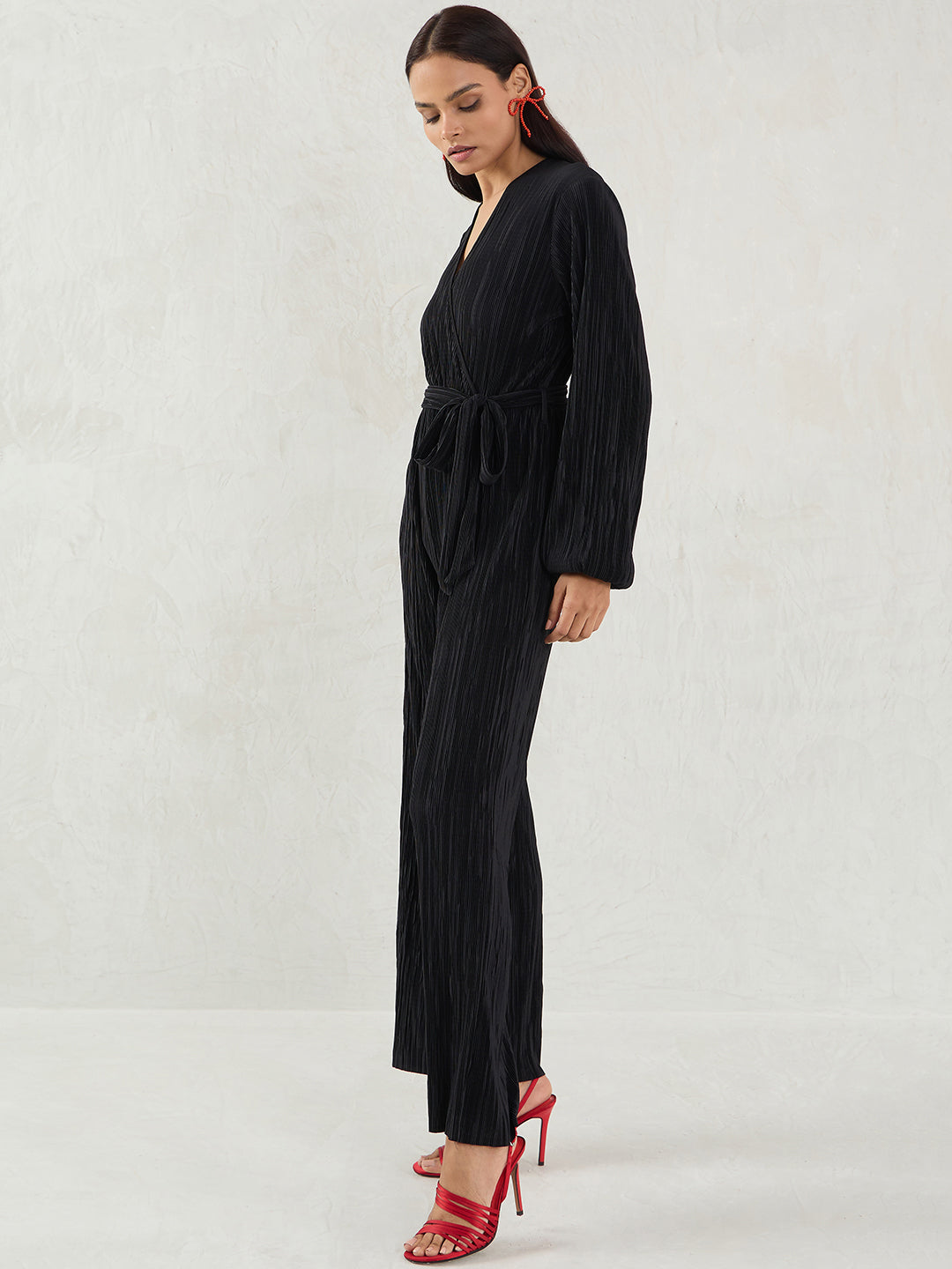 Black Plisse Wrap Jumpsuit