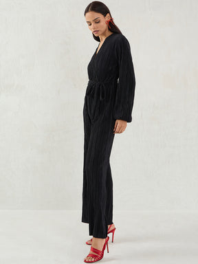 Black Plisse Wrap Jumpsuit