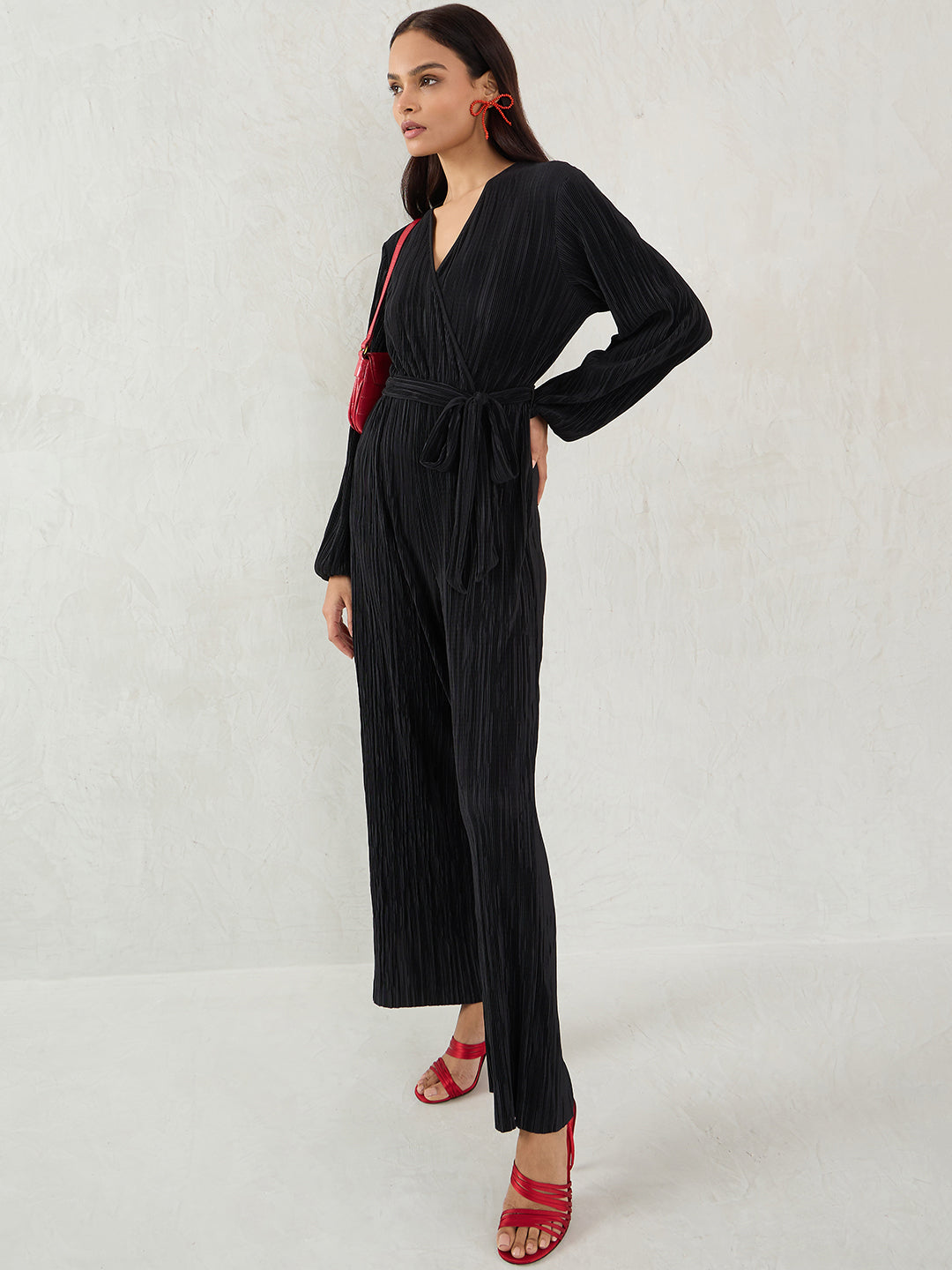 Black Plisse Wrap Jumpsuit