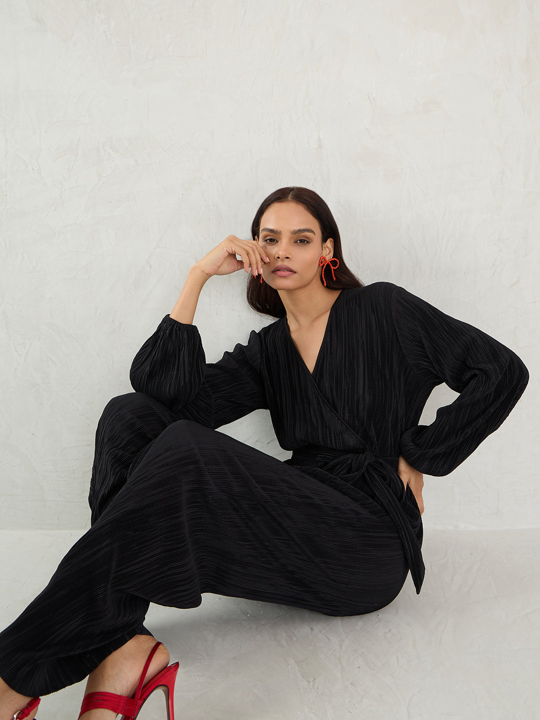 Black Plisse Wrap Jumpsuit