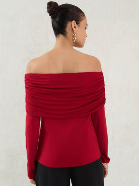 Deep Red Knit Bandeau Ruched Detail Top