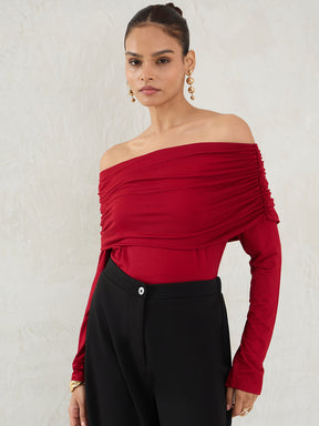 Deep Red Knit Bandeau Ruched Detail Top