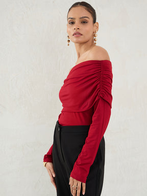 Deep Red Knit Bandeau Ruched Detail Top