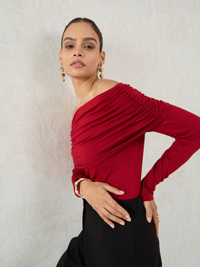 Deep Red Knit Bandeau Ruched Detail Top