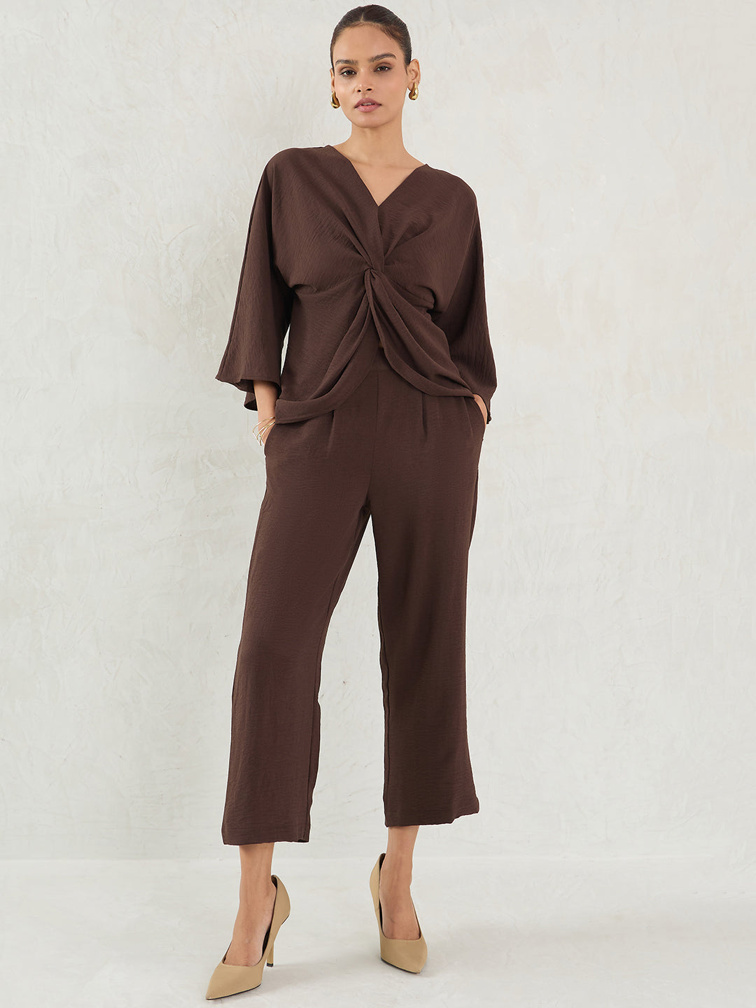 Coffee Brown Twisted Knot Detailing Co-Ord Set