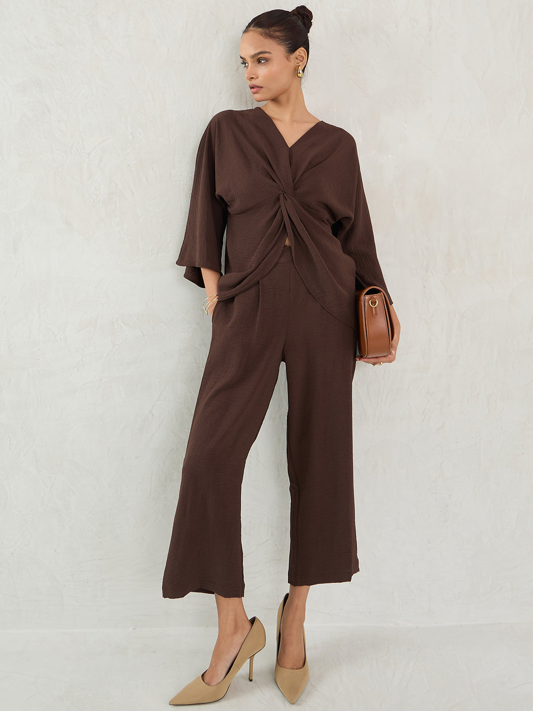 Coffee Brown Twisted Knot Detailing Co-Ord Set