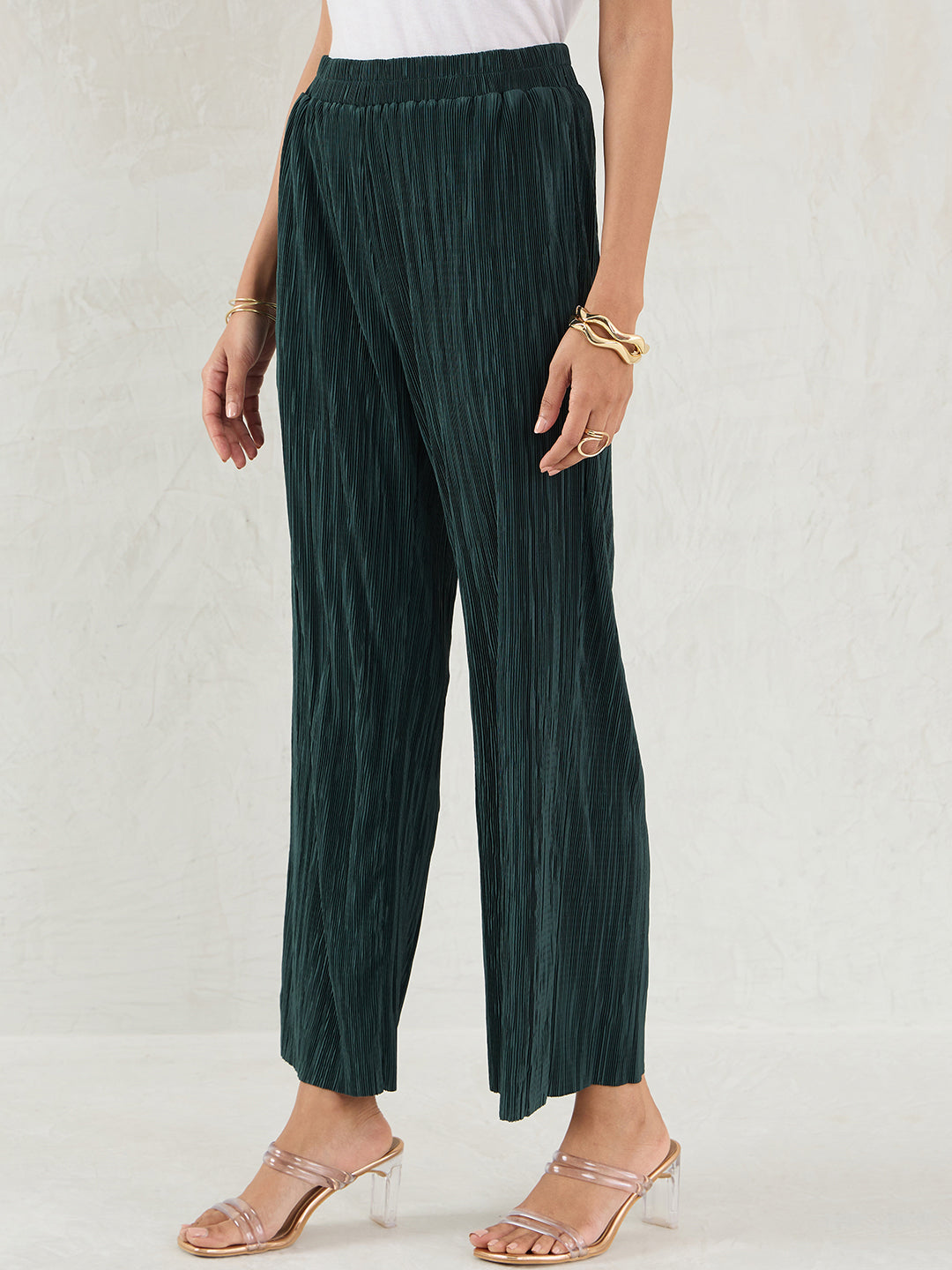 Green Plisse Straight Pant