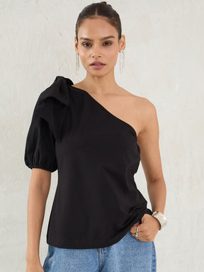 Black One Shoulder Bow Detail Top