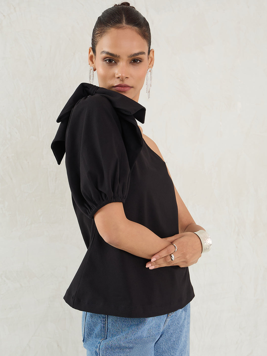 Black One Shoulder Bow Detail Top