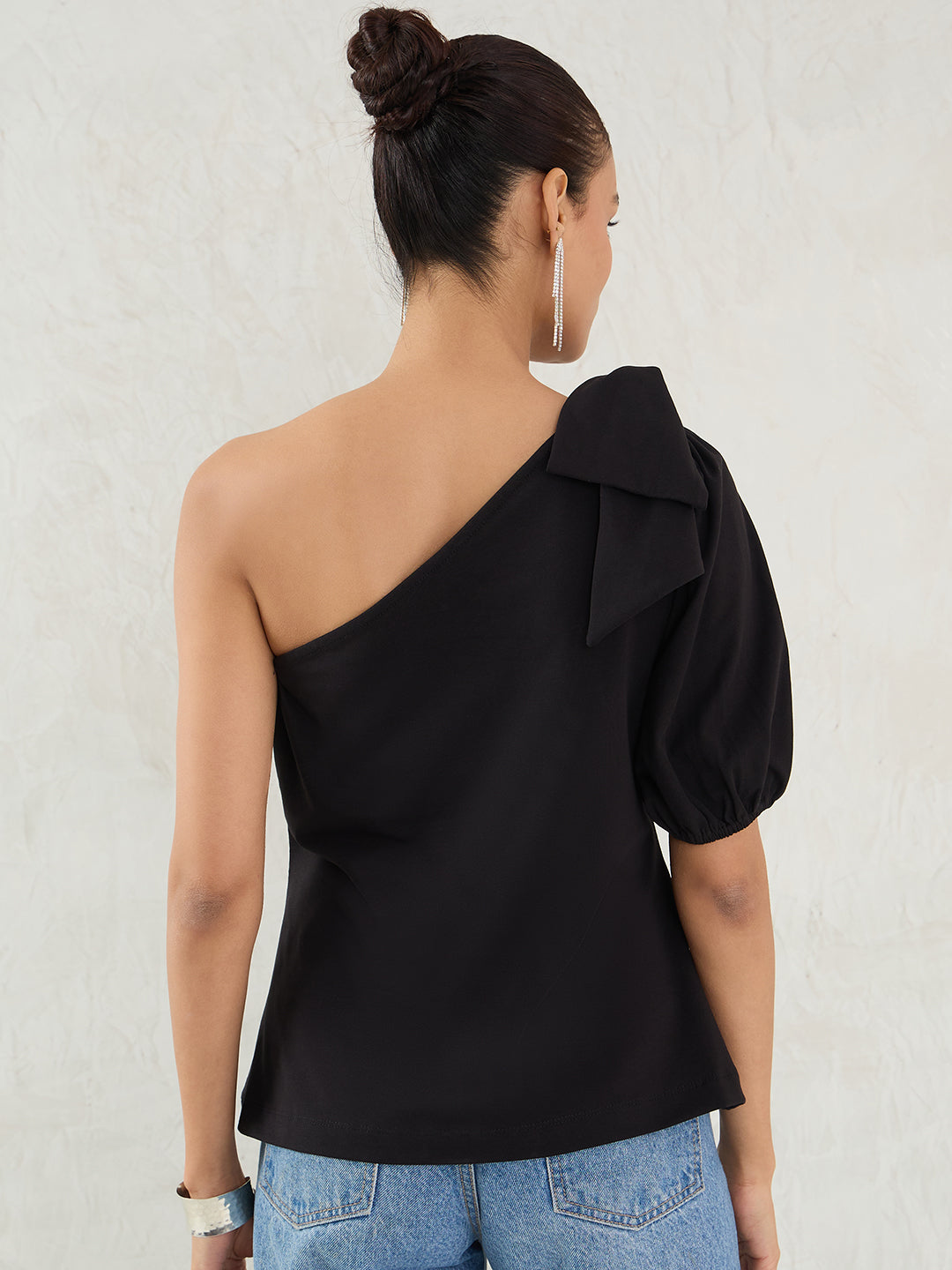 Black One Shoulder Bow Detail Top