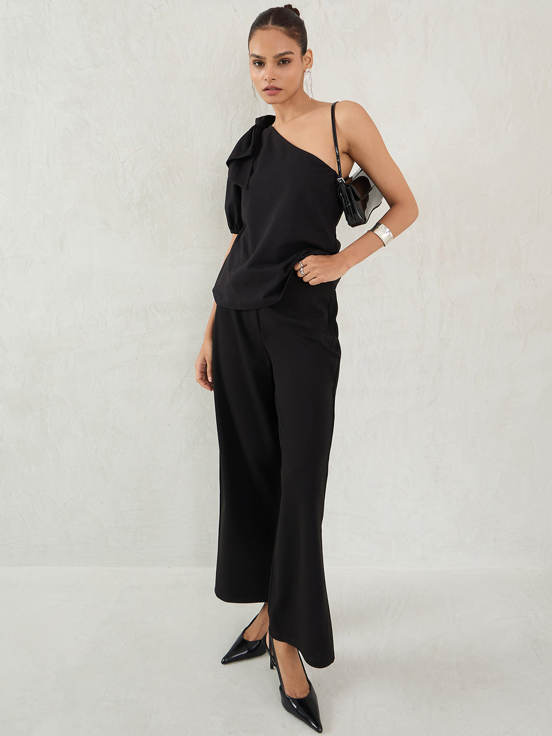 Black One Shoulder Bow Detail Top