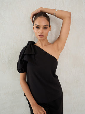 Black One Shoulder Bow Detail Top