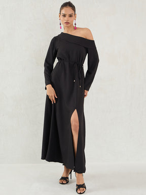 Black One Shoulder Slit Detail Maxi Dress