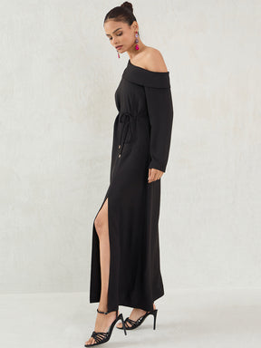 Black One Shoulder Slit Detail Maxi Dress