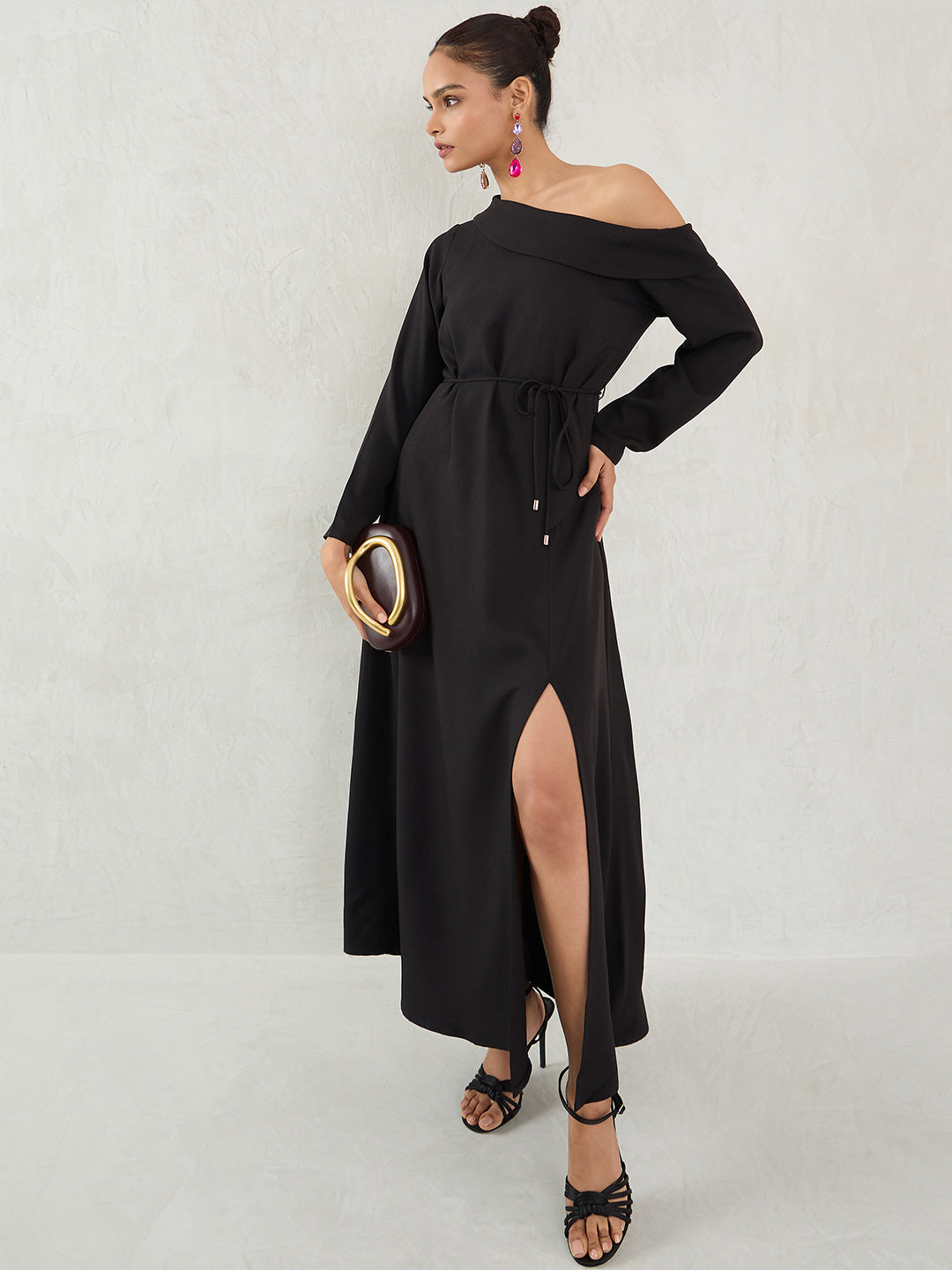 Black One Shoulder Slit Detail Maxi Dress