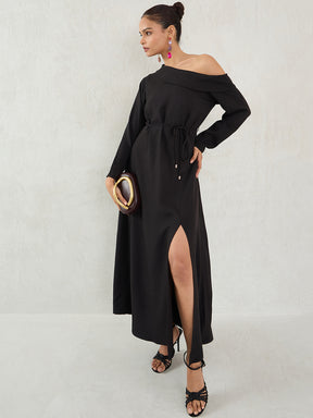 Black One Shoulder Slit Detail Maxi Dress