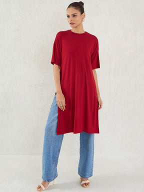 Deep Red Knit Slit Detail Top