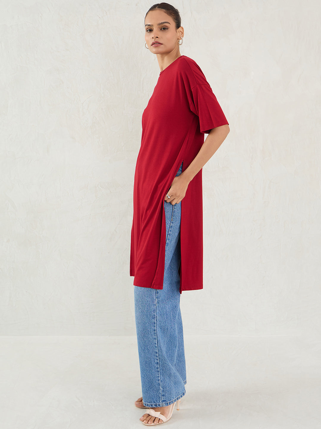 Deep Red Knit Slit Detail Top