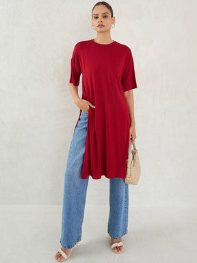 Deep Red Knit Slit Detail Top