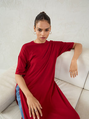 Deep Red Knit Slit Detail Top