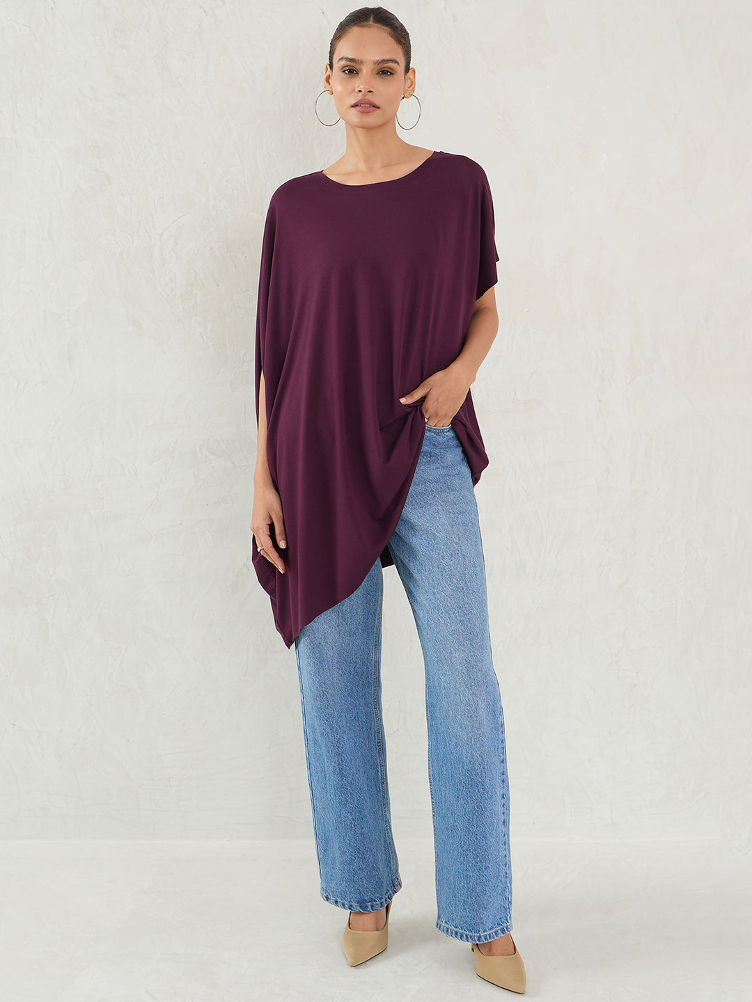 Wine Knit Oversize Asymmetrical Top