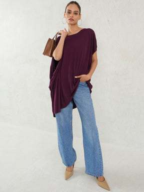 Wine Knit Oversize Asymmetrical Top