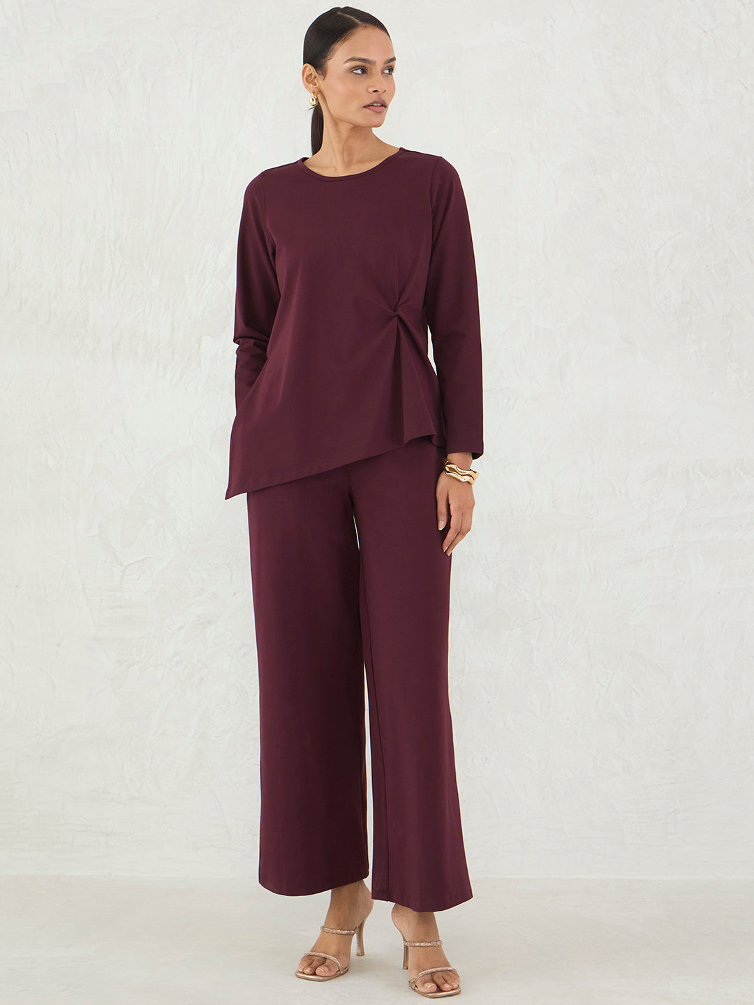 Wine Cotton Knit Twist Detail Co-Ord Set