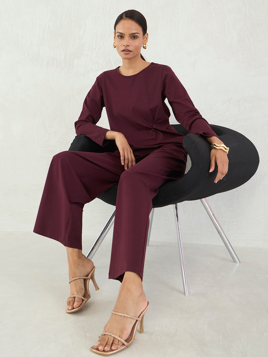 Wine Cotton Knit Twist Detail Co-Ord Set