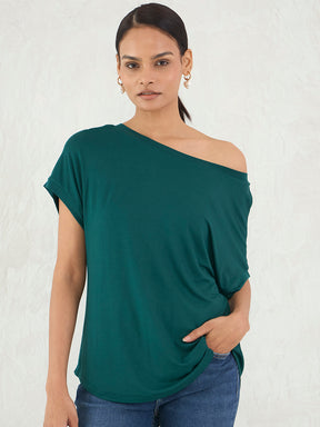 Bamboo Green Knit Off Shoulder Top