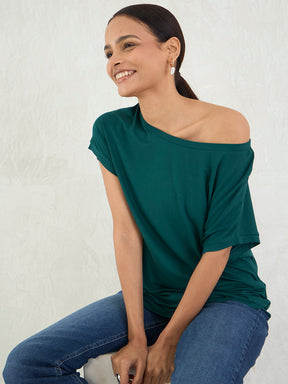 Bamboo Green Knit Off Shoulder Top